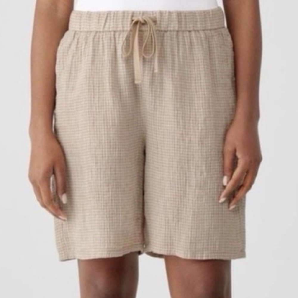 Eileen Fisher XXS 100% Organic Linen Puckered Shorts Pebble Gingham Check